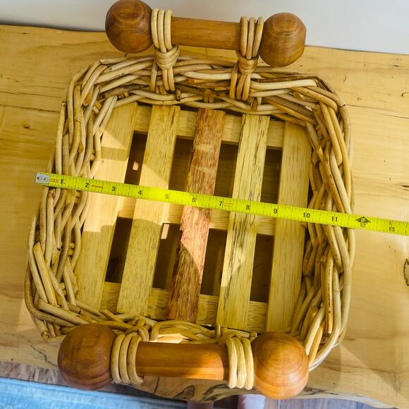 Vintage Woven Wicker Basket w/ Handles Wood Slats Bottom Decor Fruit Centerpiece - Picture 14 of 15